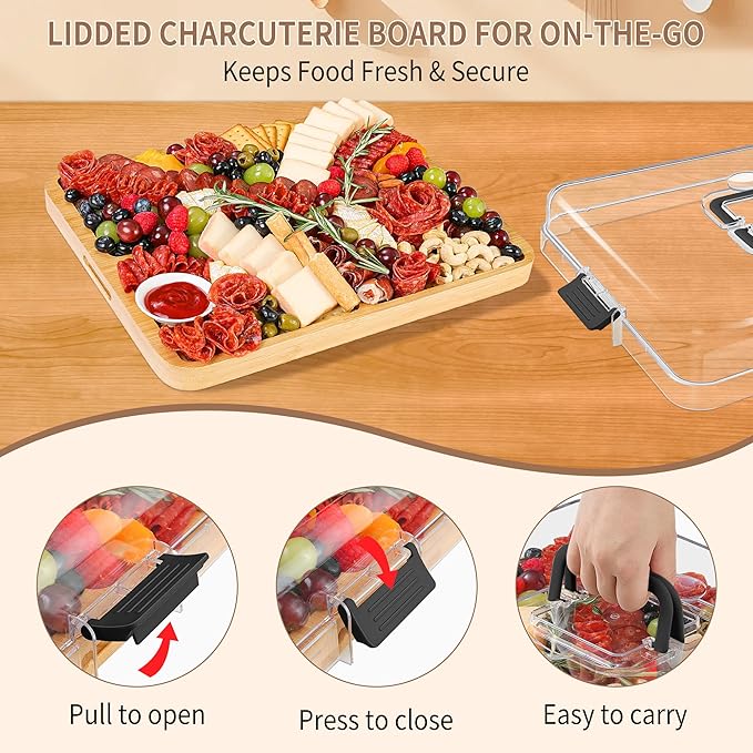 Portable Travel Charcuterie Board with Lid and Handle - Large Bamboo Cheese Board with 4 Cheese Knife Set for Outdoor, Picnics - Weddings, House Warming Gift for Women (6 Compartments, Black)
