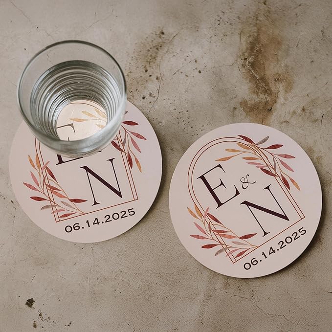 100 Pack Personalized Wedding Coasters, Custom Cardboard Coasters for Drinks with Photo Print and Text, Keepsake Wedding Favors and Gifts for Couples, 3.95" Round (Design 3)