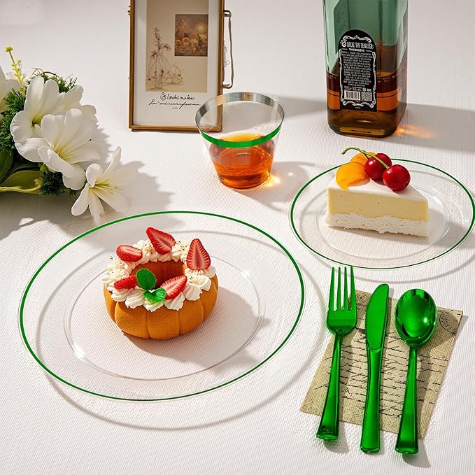 SUT 175 Pcs Green and Clear Plastic Dinnerware Set for 25 Guests, Include: 25 Dinner Plates, 25 Dessert Plates, 25 Pre Rolled Napkins With Silverware, 25 Cups, Disposable Plates for Party