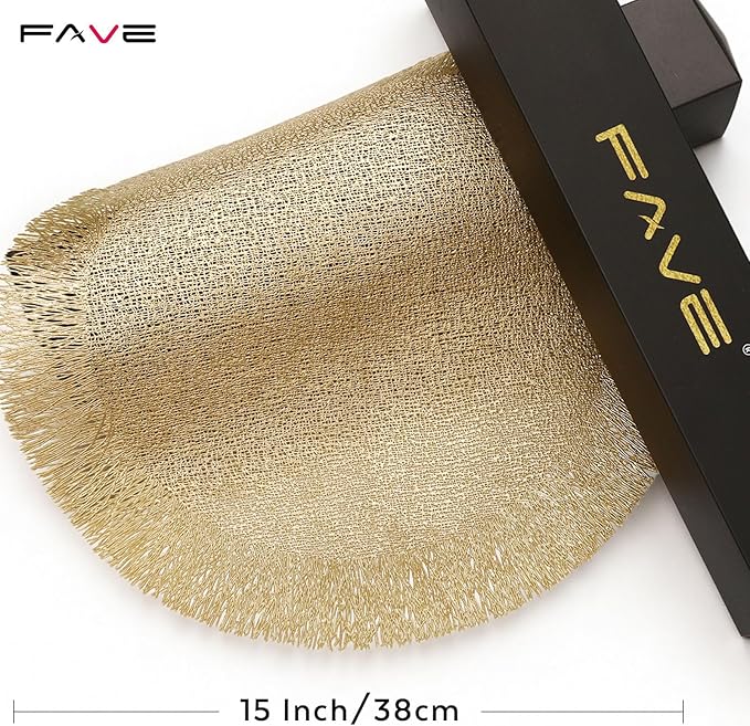 FAVE Gold Round Vinyl Placemats Set of 6, Washable Hollow Out Tassel Place Mats for Table Decoration, Daily Table Use, Holiday Decoration(15 inch,6PCS)