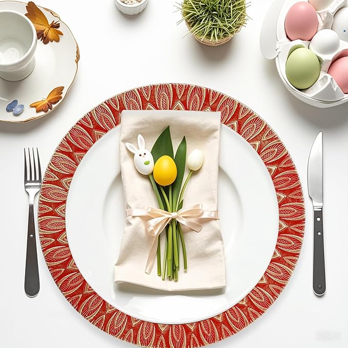 Red Charger Plates, 13 Inch Set of 6 Plastic Peacock Chargers for Dinner Plates,Table Settings, Easter, Thanksgiving, Christmas Party, Family Gathering.