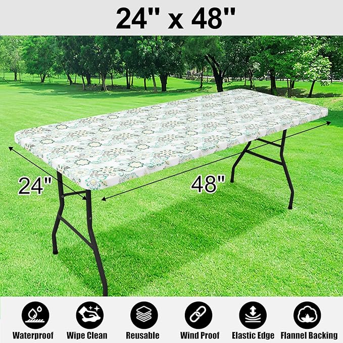 Smiry Rectangle Table Cloth Cover, Waterproof Elastic Fitted Picnic Tablecloth for 4 Foot Tables, Wipeable Flannel Backed Vinyl Tablecloths for Camping, Dining, Outdoor (Teal & White, 24" x 48")