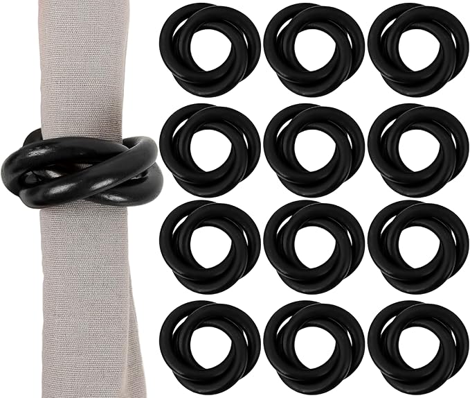Alpha Living HOM Three Ring Wooden Napkin Rings Set of 12 - Napkin Holder Cuffs for Dinner Table Décor - Rustic Modern Serviette Rings for Weddings, Parties, Receptions, Banquets (Black)