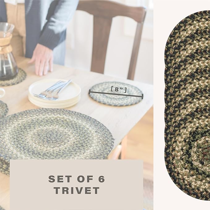 Homespice Pinecone Jute Braided Kitchen Trivets for Hot Dishes, Warm Country Rustic Decor, Set of 6, Green 8" Round Heat Resistant Mat - Rich Colors, Easy to Clean, Durable and Protects Furniture