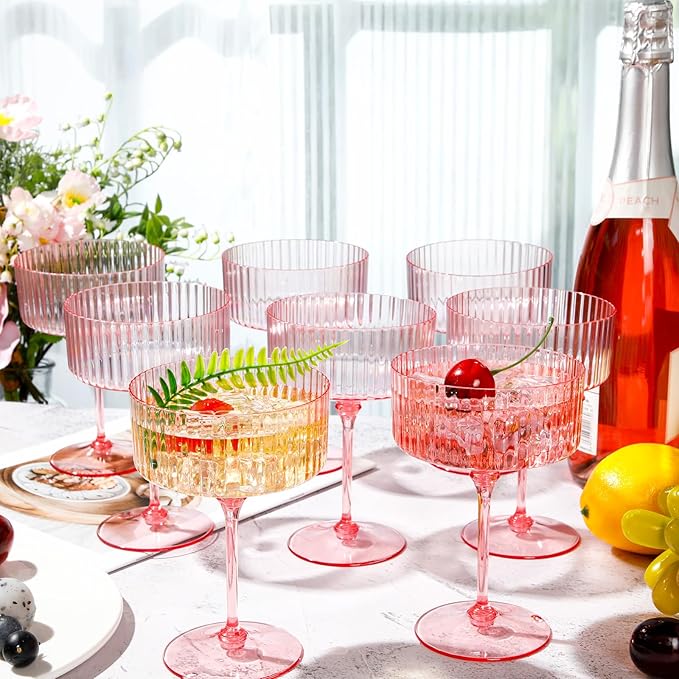 48 Pcs Ribbed Martini Glasses 10 oz Disposable Plastic Vintage Ribbed Coupe Glasses Unbreakable Dessert Parfait Glassware for Wedding Birthday Party Supplies (Pink)