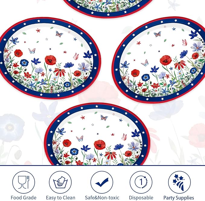 Grencian 50 Pcs 4th of July Flower Oval Paper Plates 10" × 12" Heavy Duty American Flag Plates Disposable Patriotic Platters for Independence Day Memorial Day Veterans Day Party Supplies Decor