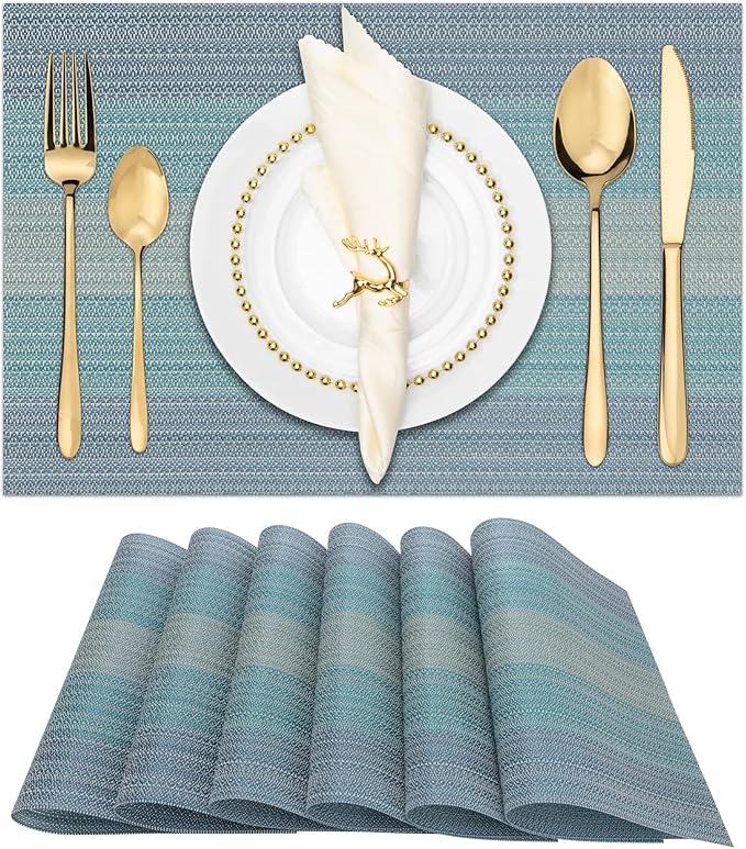 Winknowl Placemats Set of 6, Washable Vinyl Woven Placemats, Heat Resistant & Wipeable Table Mats for Kitchen Dining Table (Blue)