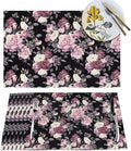 Vintage Floral Placemats Set of 4 Pink Rose Peony Flower Blossom Black Wipeable Table Mats Reusable Washable PVC Rectangle Place Mats for Kitchen Dining Home Decor 12x18 Inches