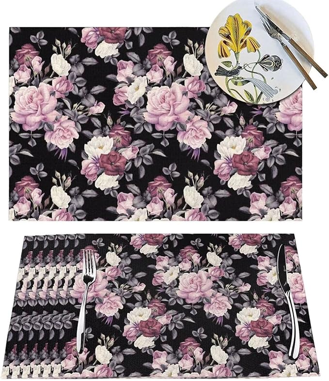 Vintage Floral Placemats Set of 6 Pink Rose Peony Flower Blossom Black Wipeable Table Mats Reusable Washable PVC Rectangle Place Mats for Kitchen Dining Home Decor 12x18 Inches