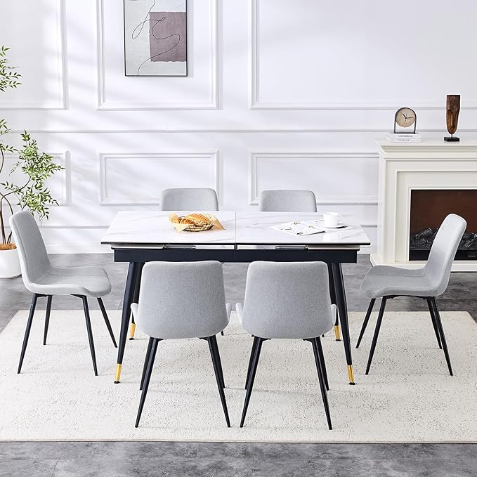 Extendable Dining Table Set for 6, 55'' to 78.8'' Rectangular Thickened Sintered Stone Kitchen Table with 6 Upholstered Chairs, Modern Space Saving 7-Piece Dinner Table Set