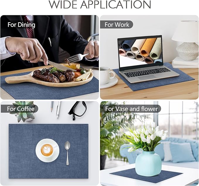 Faux Leather Placemats Set of 8 Washable PU Table mats for Kitchen Table - Heat Resistant, Waterproof, Easy Clean, Anti Slip 11.8" x 17" (Dark Blue-8 Pack)