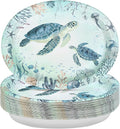 50Pcs Coastal Turtle Oval Paper Plates 10" X 12" Large Disposable Heavy Duty Ocean Blue Sea Turtles Paper Platters Sea Coral Starfish Plates for Holiday Summer Birthday Party Supplies