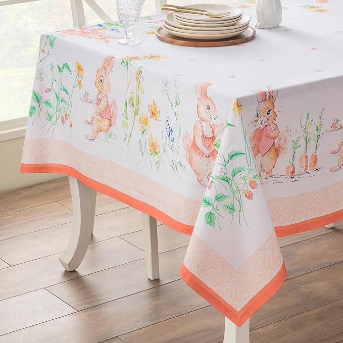 Maison d' Hermine Table Cloth Rectangle Table 100% Cotton 70 x 90 Inches Tablecloth Reusable Decorative for Dining Room Farmhouse Home Valentines Day Decorations Spring Summer - Bunny Party