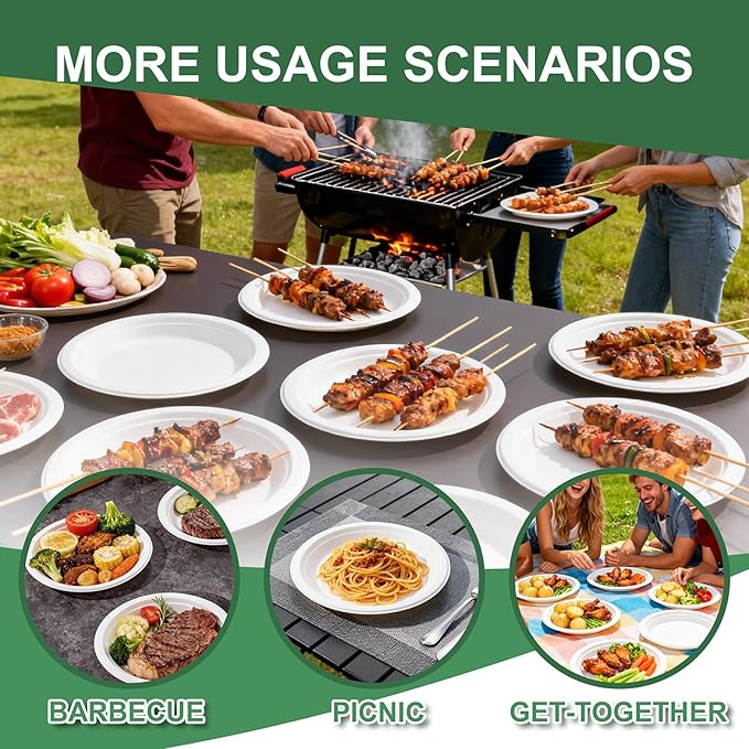 DaYammi 100% Compostable Paper Plates 7 Inch, 60-Pack Heavy Duty Paper Plates Bulk,Biodegradable Bagasse,Eco-Friendly Disposable Dessert Plate for BBQ,Picnic,Party (BPI Certified,Microwaveable)