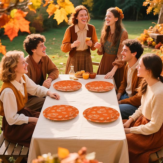 50Pcs Fall Pumpkins Oval Paper Plate Thanksgiving Plate 10" X 12" Large Disposable Heavy Duty Burnt Orange Pumpkin Autumn Leaves Platter for Terracotta Fall Harvest Thanksgiving Party Decoration