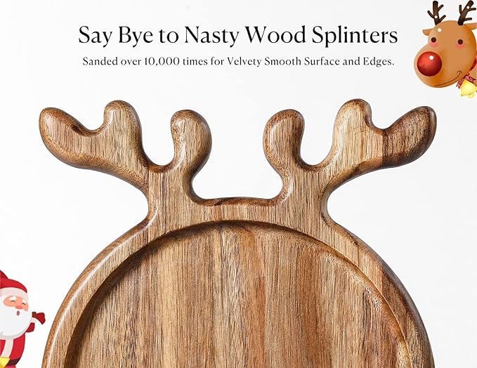 Acacia Wood Serving Platter, Christmas Decorative Reindeer Antler, 12"x10"Round Wooden Food Dish Display Plate, Charcuterie Board Tray for Cheese Fruit, Kitchen Gift for Housewarming (Gift Box)