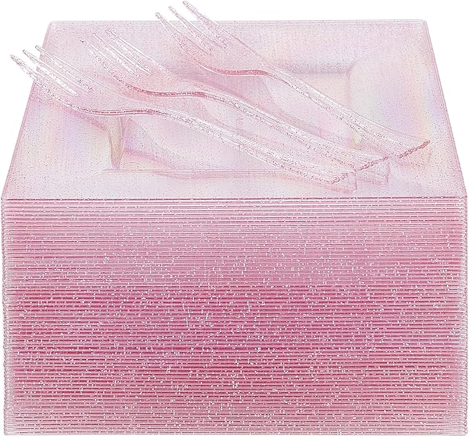DaYammi 100Pcs Pink Dessert Plates with Forks Including 50Pcs Appetizer Plates,50Pcs Plastic Forks,Glitter Square Plate pink Disposable plates for Wedding,Plastic Cake Plate for Valentine's Day Party