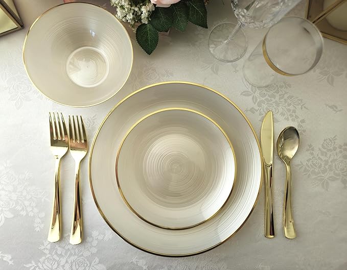 " OCCASIONS " 50 Plates Pack (25 Guests)-Wedding Party Disposable Plastic Plate Set -25 x 10'' Dinner + 25 x 7'' Salad & Dessert plates (Belize in Ivory & Gold)