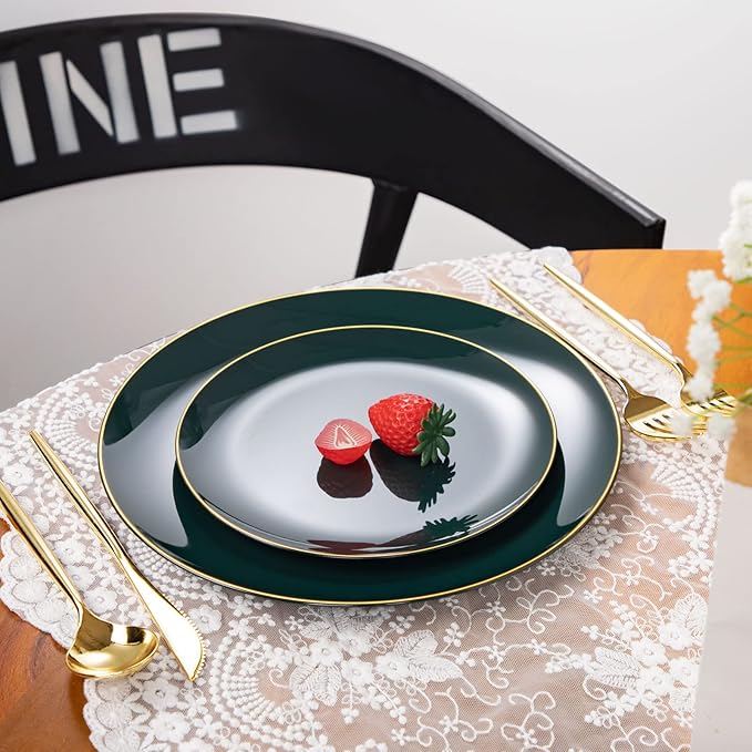 I00000 150Pcs Green Plastic Plates with Gold Rim, Fancy Disposable Plates,Green Plates Set include 30 Dinner Plate,30 Dessert Plate, 90 Plastic Silverware Set for Wedding&Party