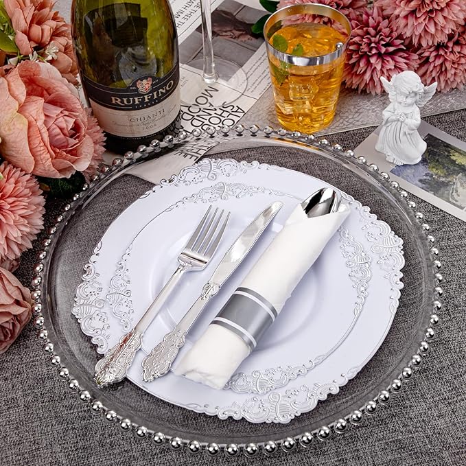 Hioasis 210pcs White and Silver Plates - White Party Plates for 30 Guest, Include 60 Heavy-duty Plates(20% Thicker Than Standard), 30 Pre Rolled silver Plastic Silverware Set, 30 Cups
