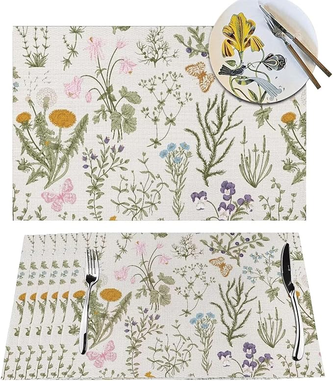 Placemats Set of 6 Vintage Wildflower Herbs Floral Rustic Butterfly Place Mats Floral Woven Table Mats Washable PVC Placemat for Dining Kitchen Decor Indoor Outdoor, 12 x 18 Inch