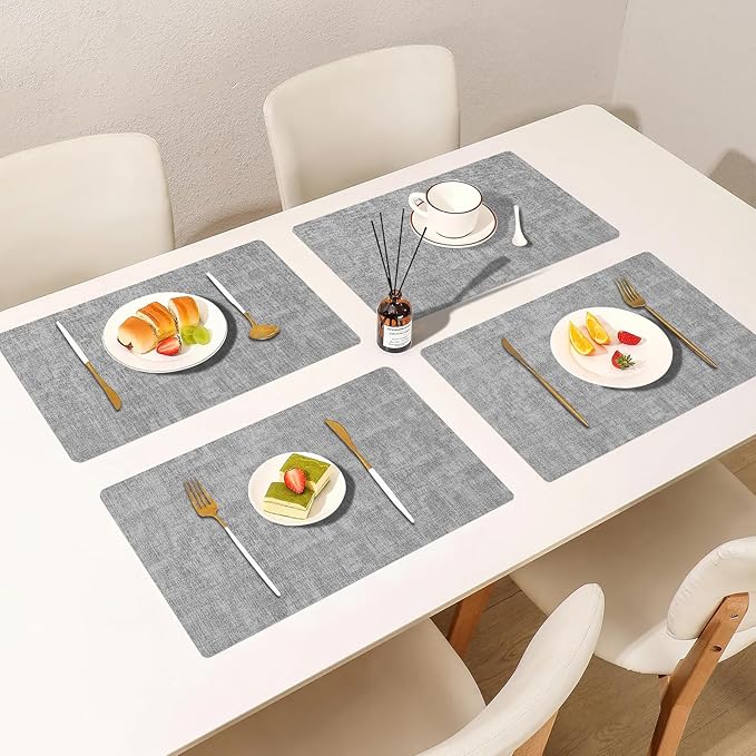 Faux Leather Placemats Set of 6, Heat Resistant Wipeable Washable Vinyl Place Mats, Waterproof Anti-Slip Dining Table Mats, Suitable for Indoor & Outdoor Use (Light Grey)