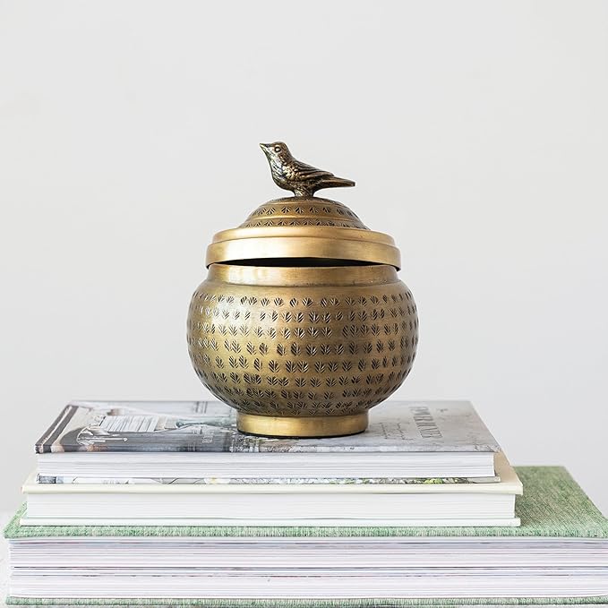 Round Hammered Metal Container with Bird Finial, Brass Finish