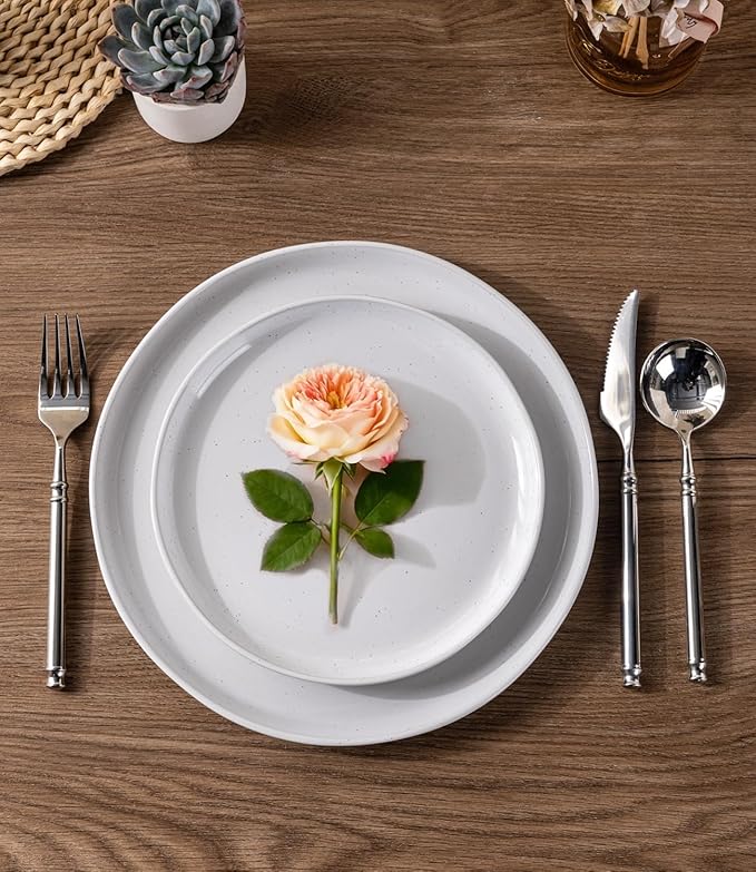 AmorArc Ceramic Dinner Plates Set of 6,10.5 Inch Stoneware Plates Set for Dinner, Elegant Dish Set with Rustic Terracotta Underside, Microwave & Dishwasher Safe, White