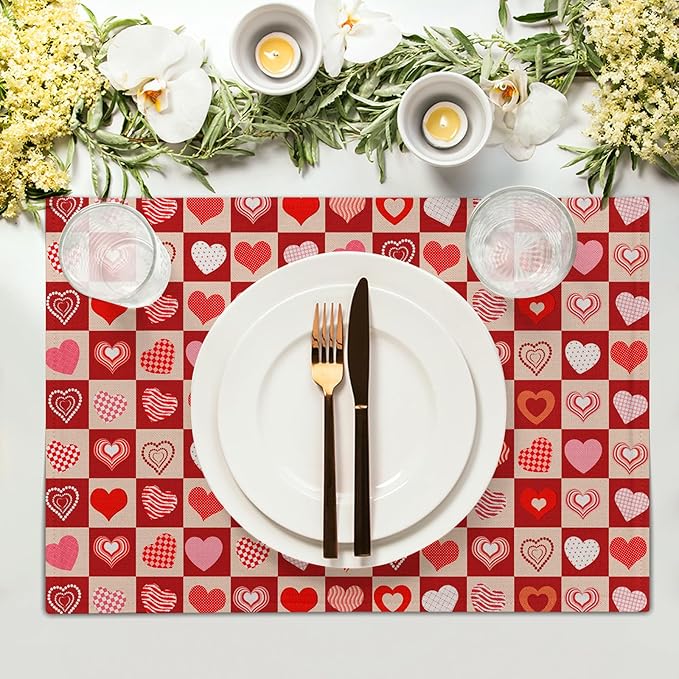 Valentines Day Table Mats - Red Heart Placemats Set of 4 Pink Love Place Mat 12x18 for Dining Kitchen Farmhouse