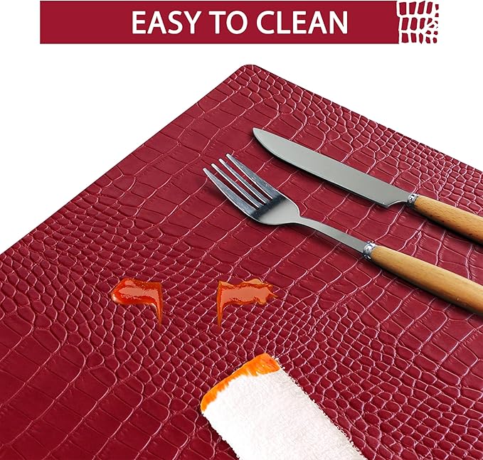 Jovono Faux Leather Placemats Set of 8, Waterproof Heat Resistant Dinner Place Mats for Dining Table, Non-Slip Crocodile Embossed, Red (17.8x11.8 Inch)