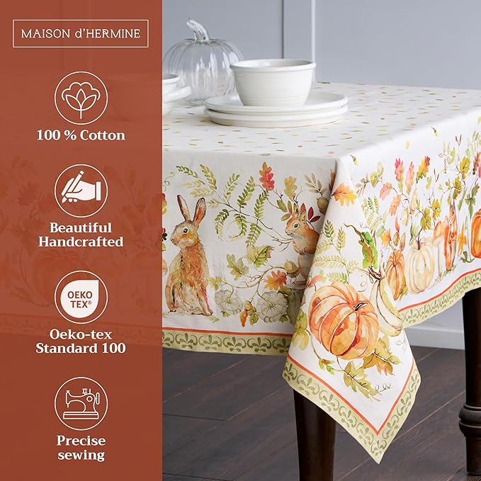 Maison d' Hermine Table Cloth Rectangle Table 100% Cotton 70 x 108 Inches Fall Tablecloth Reusable Everyday Use for Thanksgiving Christmas Decorations Dining Farmhouse Party (Pumpkin Passion)