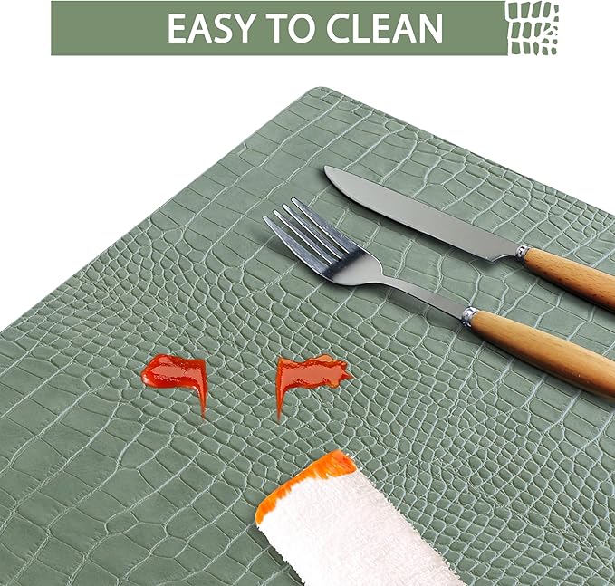 Jovono Faux Leather Placemats Set of 6, Waterproof Heat Resistant Dinner Place Mats for Dining Table, Non-Slip Crocodile Embossed, Green (17.8x11.8 Inch)