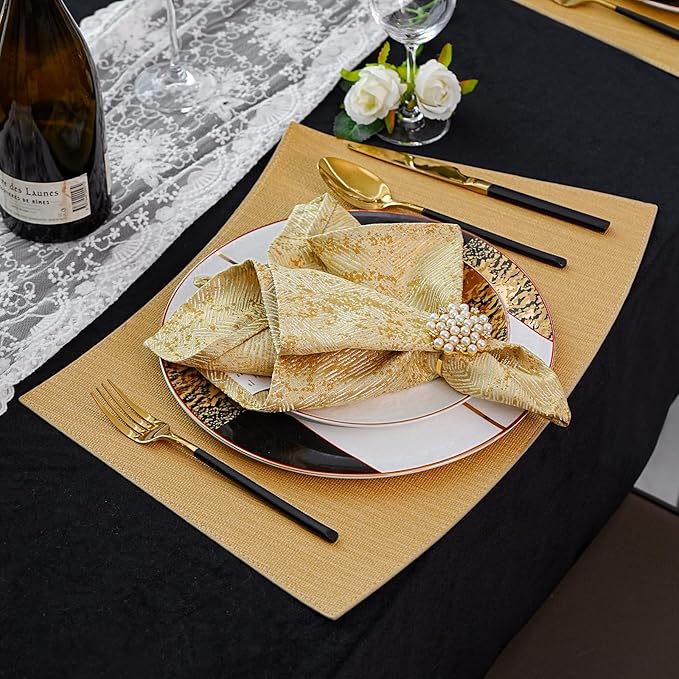 Round Table Placemats Set of 4, Faux Leather Heat Resistant Table Mats, Waterproof Wipeable PU Place Mats, Gold
