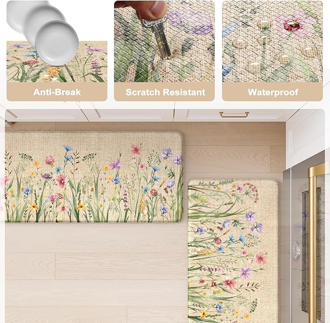 KIMODE Anti Fatigue Mats for Kitchen Floor 17"x59"+17"x29", Farmhouse Floral Kitchen Rugs, Cushioned Memory Foam Kitchen Mats, Comfort Standing Mat for Laundry, Office, Sink, Desk Brown