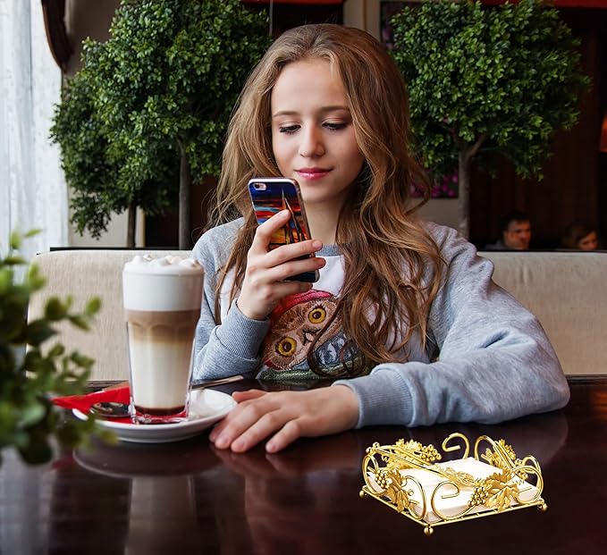 Flat Napkin Holder for Table Gold With Weight Arm for Kitchen Courtertops Dinning Table Grape Leaf Modern Tissue Dispenser Stainless Steel Gilding (7" L X 7" W X 2.5" H)