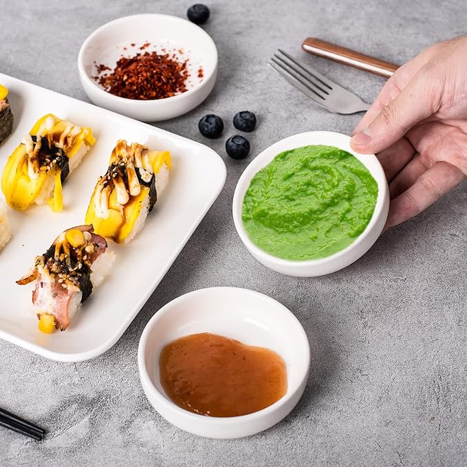 DELLING 8 PACK Dipping Bowls Set, Ceramic Dipping Sauce Dishes, 3.5 Oz Soy Sauce Dish, Side Dish Bowls, Small Bowl/Dish for BBQ, Condiments, Appetizer, Dessert, Sushi, Party - White