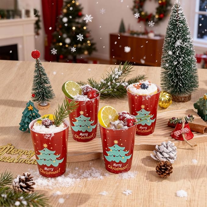 I00000 50Pcs 12oz Christmas Tree Design Christmas Plastic Cups, Premium Disposable Cups Cocktail Cup, Red Xmas Party Cup with Star Pattern Design, Perfect for Xmas Party