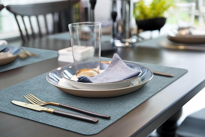 More Décor Faux Leather Placemats Set of 4 for Dining Table – Waterproof, Wipeable, Washable, Stain & Heat Resistant, Non-Slip Table Mats – 12 X 17 Inch, Blue