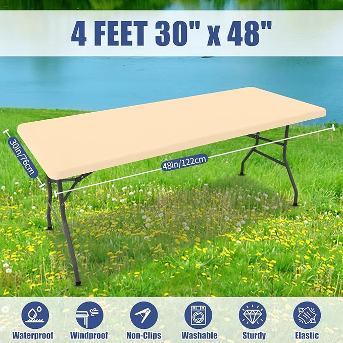 Spandex 4 Foot Rectangle Table Cloth 2 Pack, Elastic Fitted Tablecloths for Picnic, Stretch Washable Patio Table Cover for Outdoor, Camping, Banquet and Parties (Ivory, 30"x48")