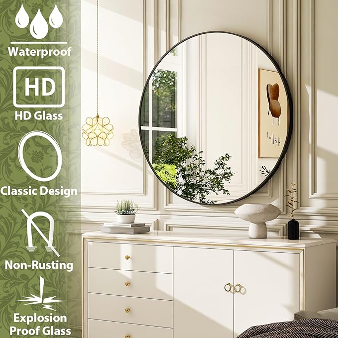 30 Inch Round Bathroom Mirror - Black Wall Mounted Circle Mirror with Metal Frame, Modern Round Hanging Mirror Suitable for Bathroom, Vanity, Entryway, Living Room