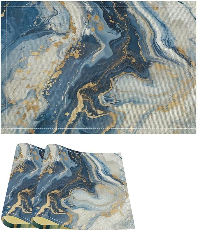 Marble Linen Placemats Set of 2, Modern Luxury Foil Texture Blue White Gold Marble 12x17 Inch Washable Table Mats Non Slip Placemats for Wedding Party Kitchen Banquets Dining Decoration