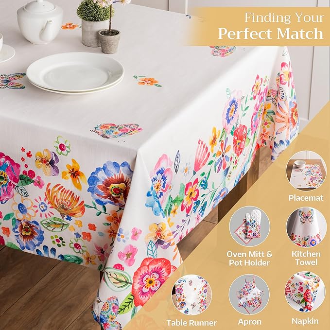 Maison d' Hermine Table Cloth Rectangle Table 100% Cotton 70 x 108 Inches Tablecloth Reusable Decorative for Dining Room Farmhouse Valentines Day Decorations Spring Summer- Happy Florals - High Summer