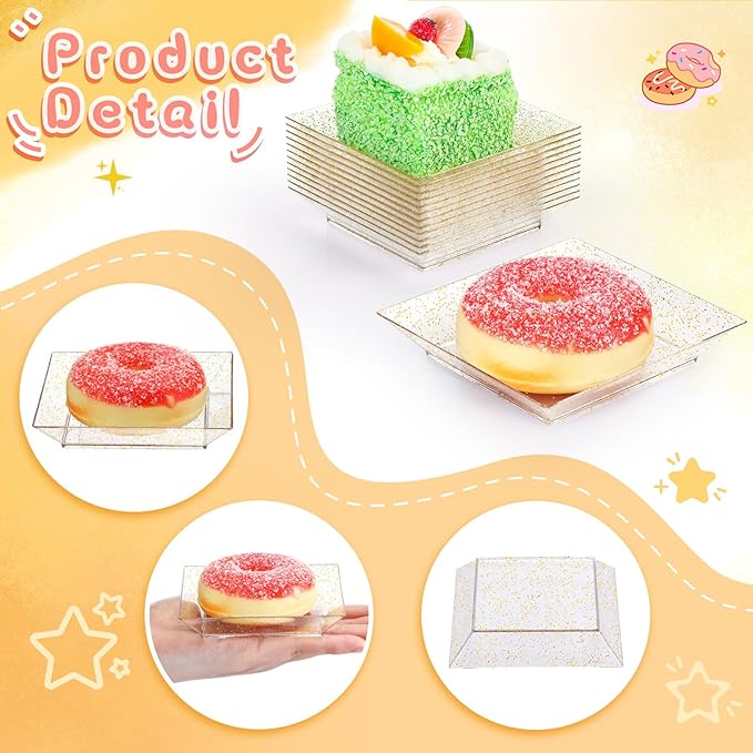 Zhehao 50 Pcs Plastic Dessert Appetizer Plates Disposable, 3.6 x 3.6 Inch Small Square Plastic Dessert Cake Plate for Party, Valentine's Day Wedding Birthday Bridal Baby Shower Supplies (Gold Clear)