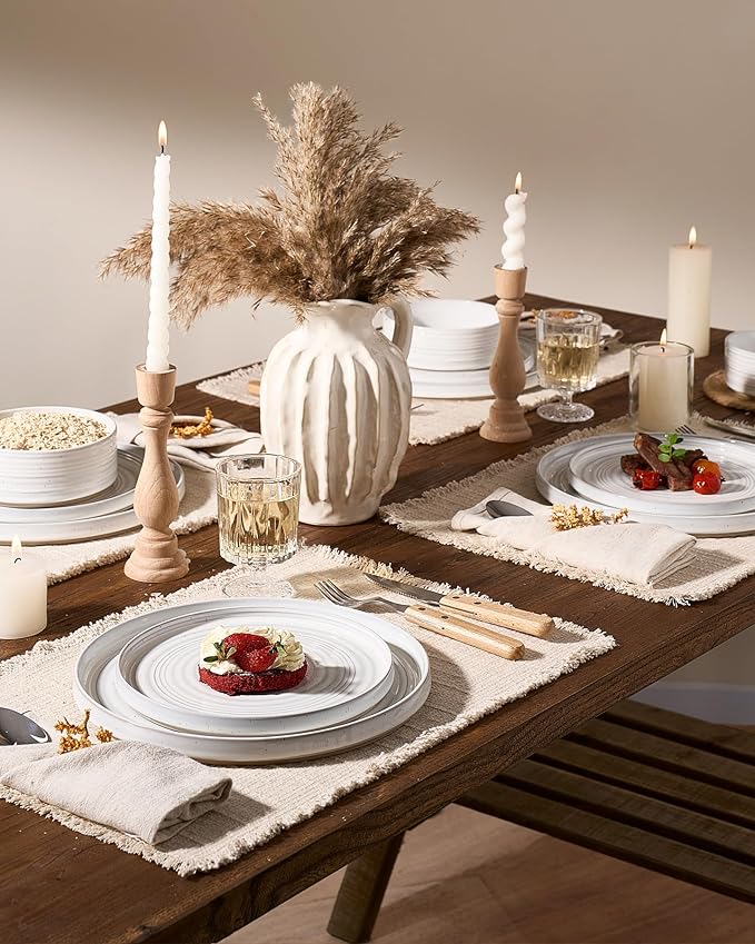 Plates and Bowls Sets for 6 (18-Piece) Stoneware Reactive Glaze Dinnerware with Speckles & Spirals, Chip and Scratch Resistant Straight Dishes Set with Gift Box, Microwave Dishwasher Safe, White