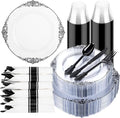 Hioasis 175pcs Clear and Black Plates - Black Party Plates for 25 Guest, Include 50 Heavy-duty Plates(20% Thicker Than Standard), 25 Pre Rolled Gold Plastic Silverware Set, 25 Cups