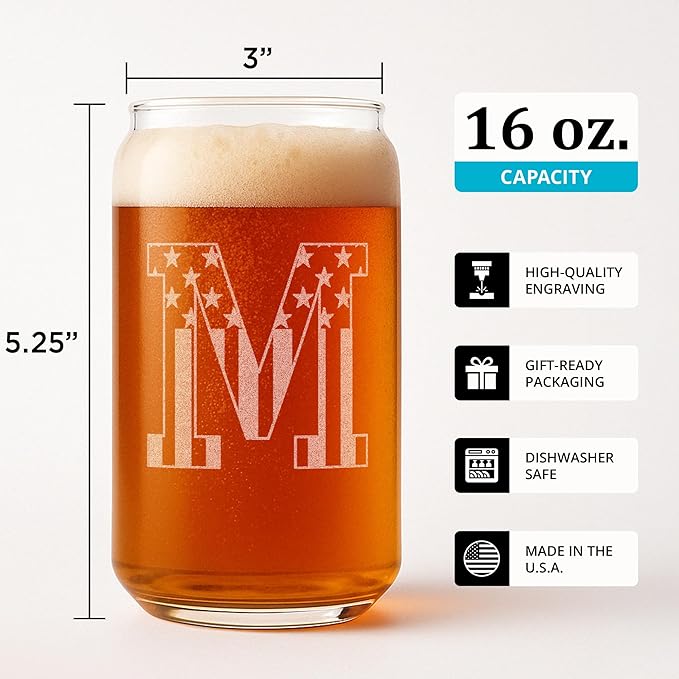 Monogram Beer Glasses for Men (A-Z) 16 oz - Beer Gifts for Men Brother Son Dad Neighbor - Unique Gifts for Him - Personalized Drinking Gift Beer Glass Mugs - Engraved Beer Can Glass (M)