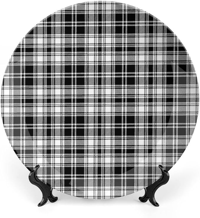 Ceramic Plates, Abstract Decor Decorative Ceramic Plates, British Tartan Stripes Pattern, 7 Inch, Household Plates Decorative, Black White