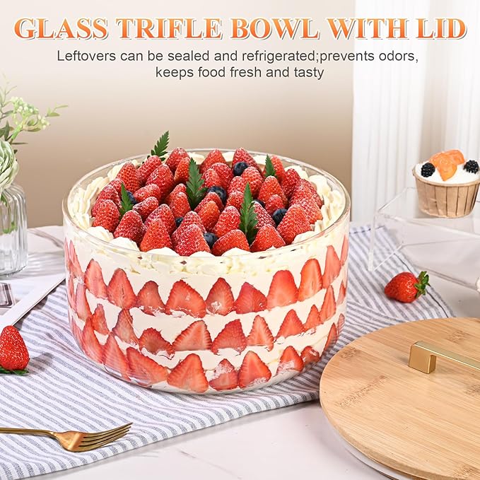 Large Salad Bowl, 10 inch Trifle Bowl Glass with Sealed Lid, Versatile Mixing and Serving Bowl for Laying Ice Cream, Cake, Salad, Fruit, Baking, Dessert and Party Diy, Microwave Safe