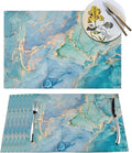 Teal Marble Placemats Set of 4 Turquoise Blue Gold Natural Luxury Abstract Fluid Wipeable Table Mats Reusable Washable PVC Rectangle Place Mats for Kitchen Dining Home Decor 12x18 Inches