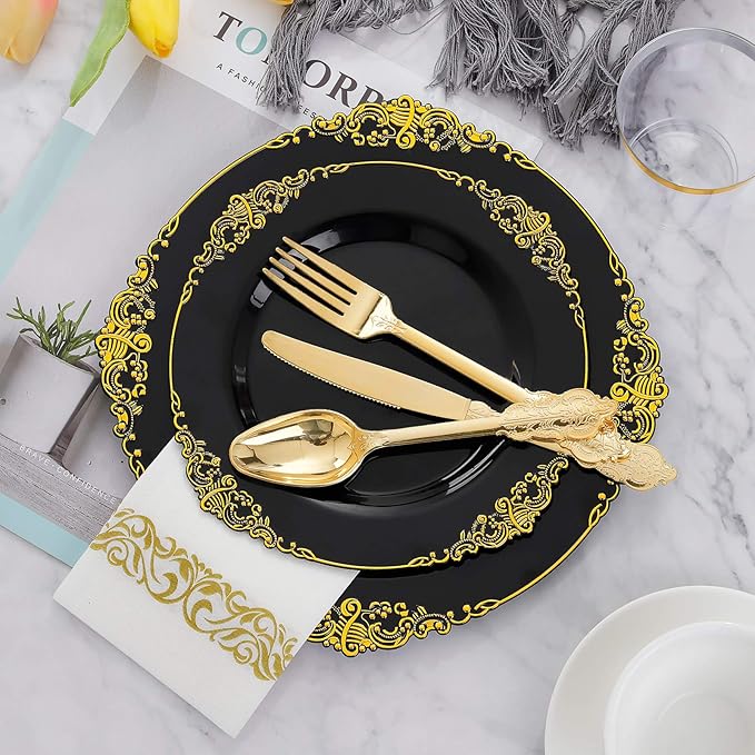 Hioasis 175pcs Black and Gold Plates - Black Party Plates for 25 Guest, Include 50 Heavy-duty Plates(20% Thicker Than Standard), 75 Cutlery Set, 25 Napkin, 25 Cups
